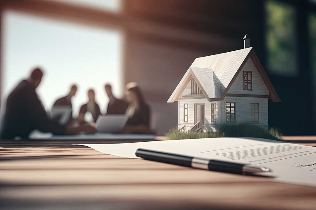 A couple reviews documents with a real estate agent at a kitchen table with a mountain view visible through the window.